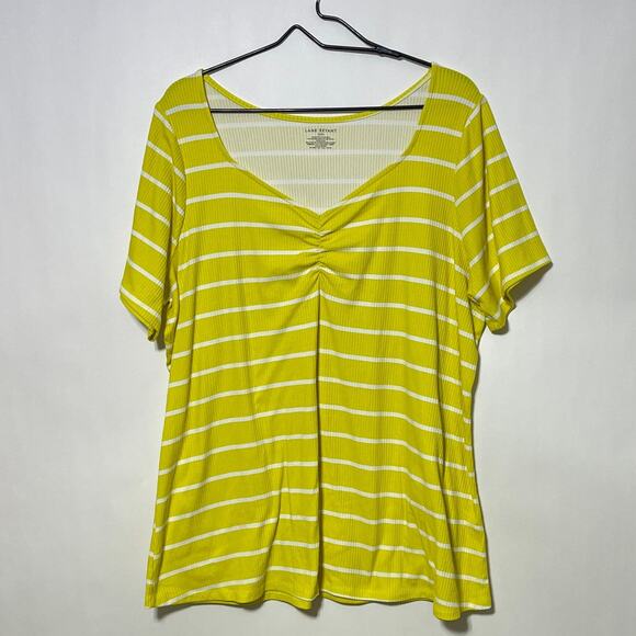 Lane Bryant Shirt Womens 22/24 Yellow White Short Sleeve Ribbed Knit Sweetheart - Picture 1 of 8